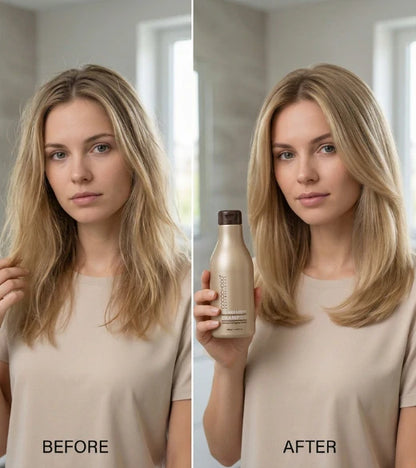 Før og efter sammenligning af en kvinde med blond hår, der holder en flaske mærket 'AFTER'.