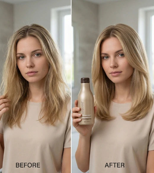 Før og efter sammenligning af en kvinde med blond hår, der holder en flaske mærket 'AFTER'.