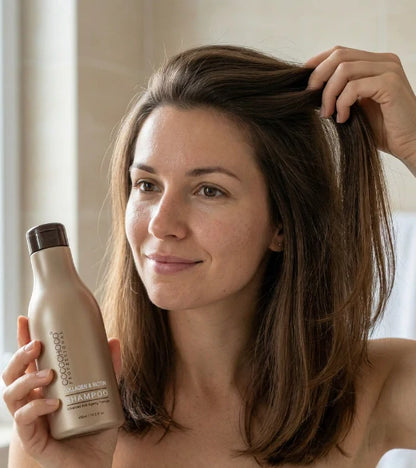 Kvinde med langt brunt hår, der holder en flaske shampoo cocochoco, smilende.