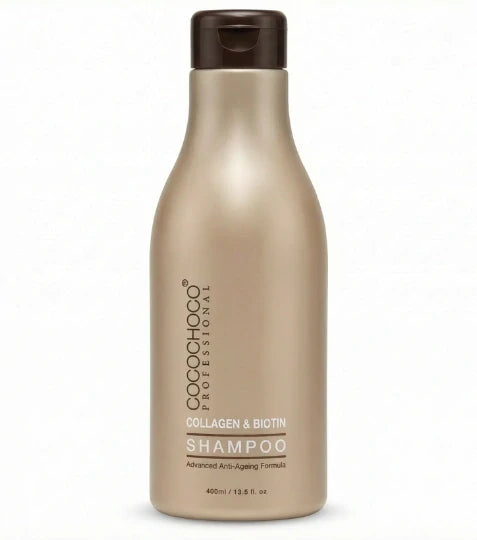 Cocochoco shampooflaske med brun låg på hvid baggrund