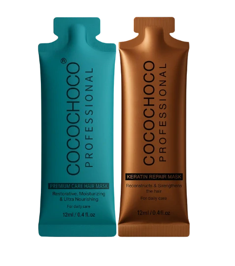 To Cocochoco Professional hårmaskepakker, en blå og en brun, på en hvid baggrund.