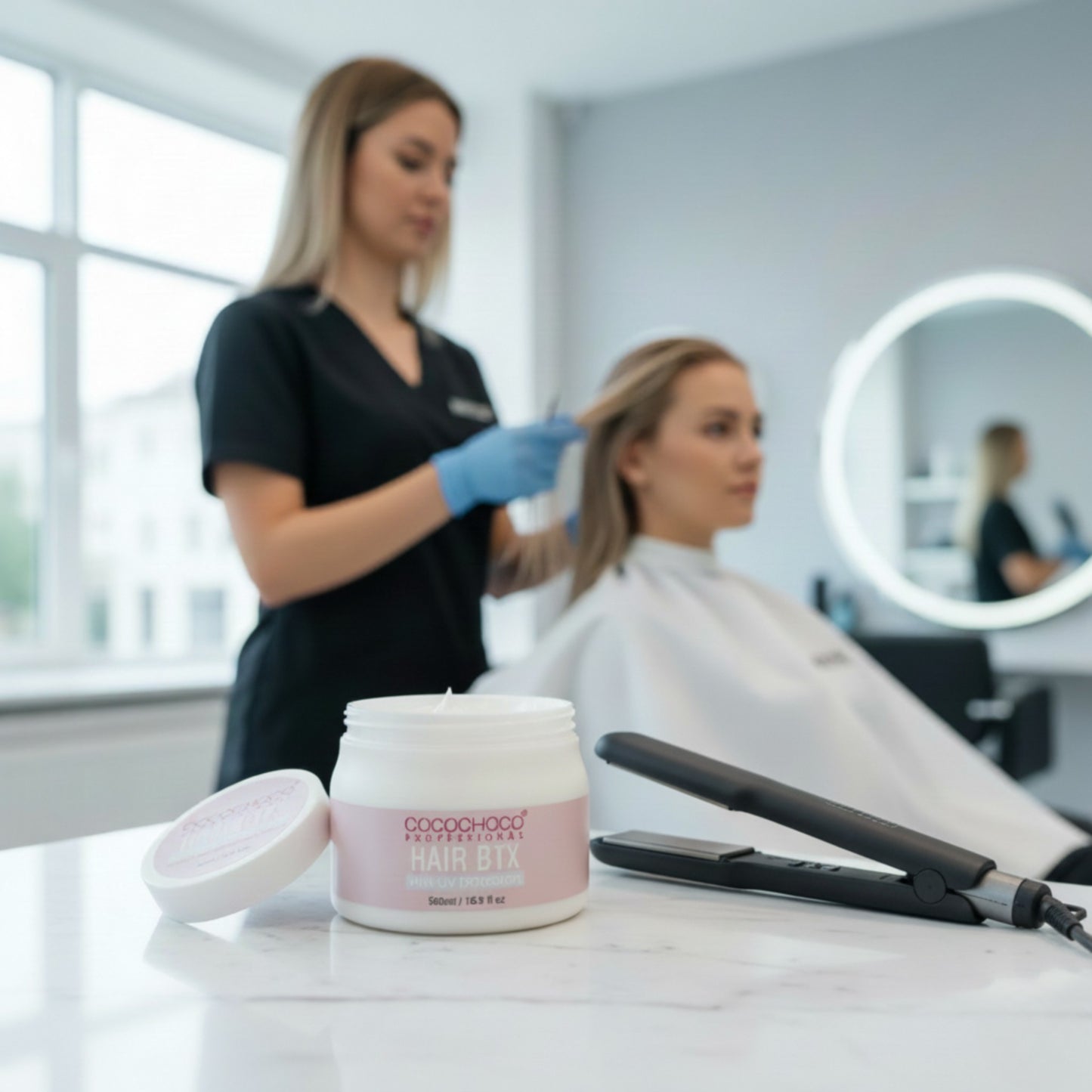 Kvinde får hårbehandling cocochoco i en salon med en beholder med hårprodukt på disken.