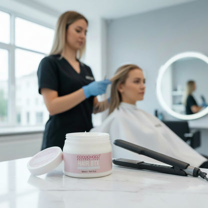 Kvinde får hårbehandling cocochoco i en salon med en beholder med hårprodukt på disken.