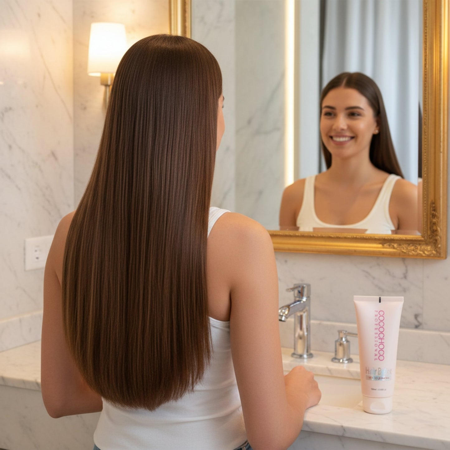 Kvinde med langt hår ser sig selv i spejlet med en flaske shampoo på disken.